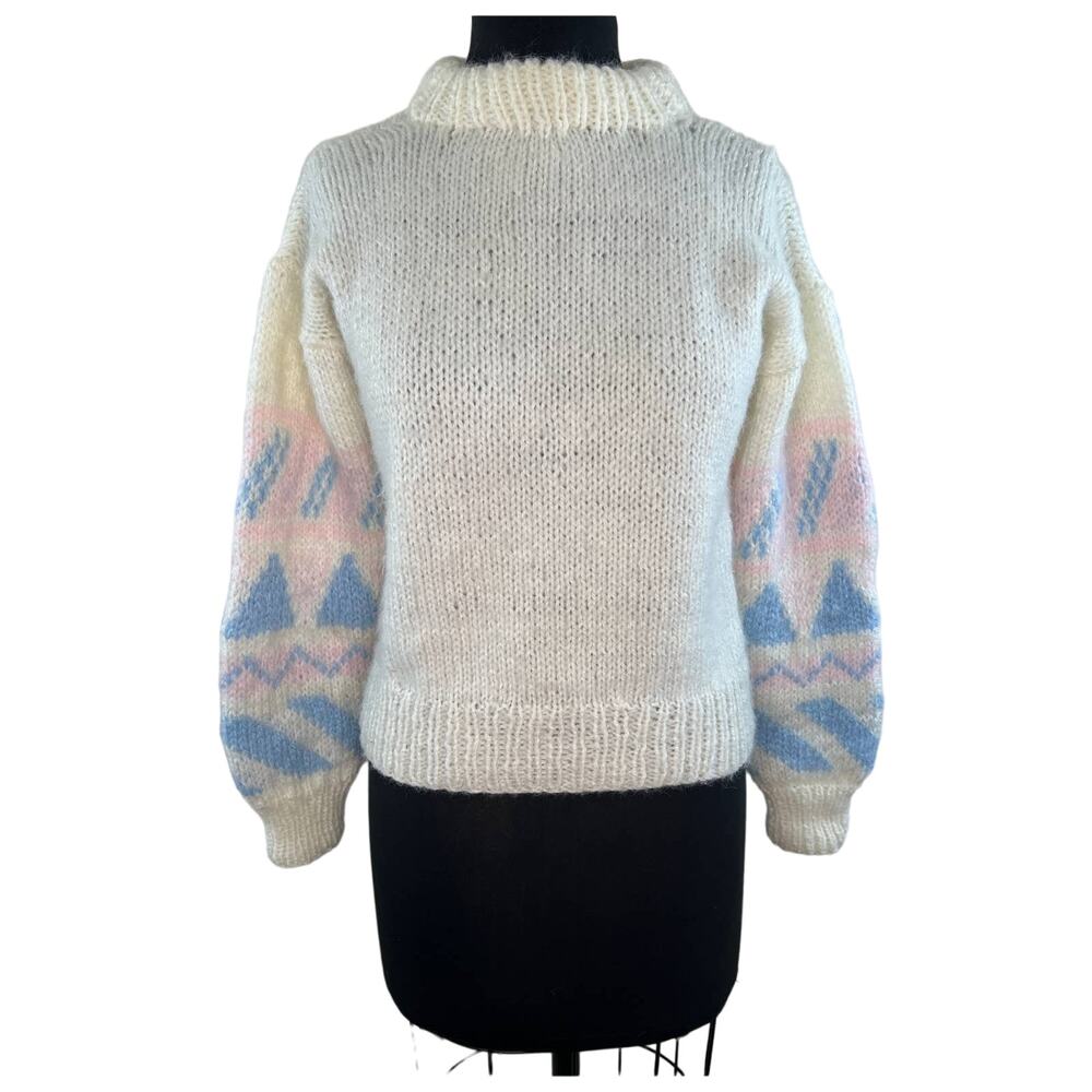 Fair Isle White Blue Pink Thick Knit Long Sleeve Pullover Crewneck Sweater VTG